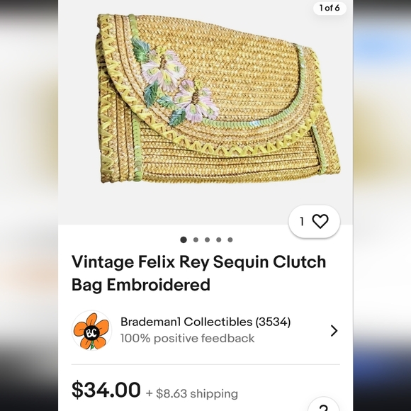 Nwot vintage Handcrafted Straw Clutch with Floral Embroidery and sequins - Picture 11 of 12